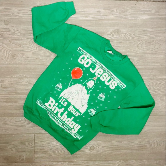 Gildan green funny religious “ go Jesus it’s your birthday “ long sleeve sweater - Picture 2 of 7